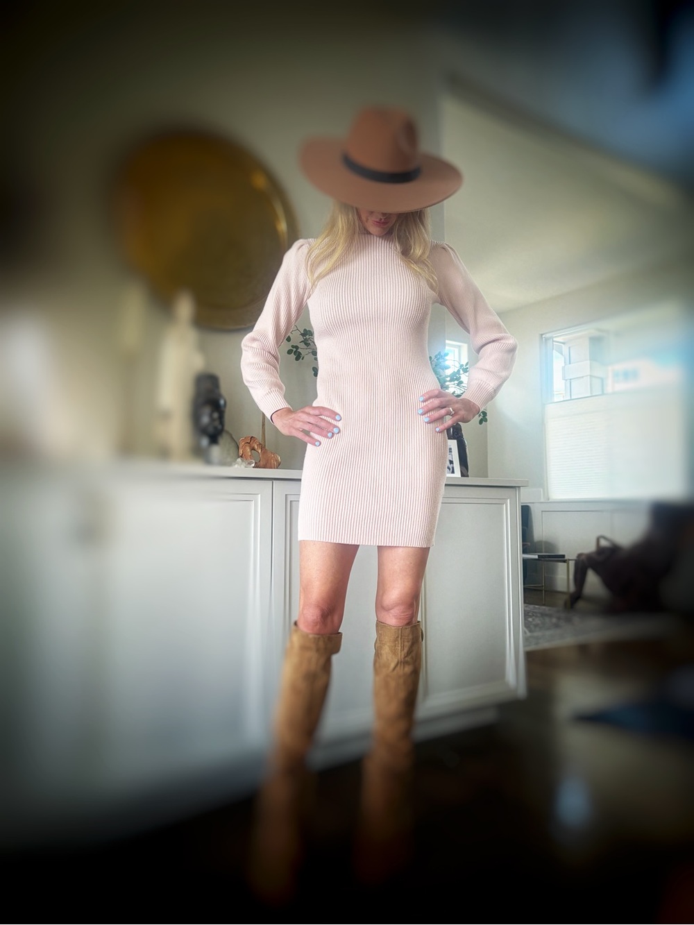 Ribbed Long-Sleeve Sweater Dress in Light Pink